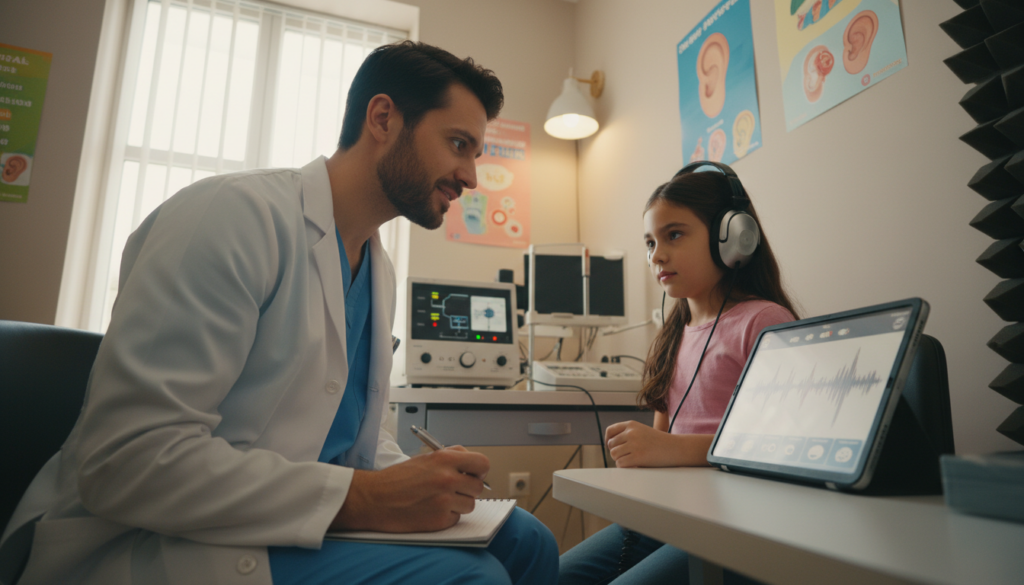 Clinical audiologist performing an auditory processing disorder diagnosis on a child Clinical audiologist performing an auditory processing disorder diagnosis on a child