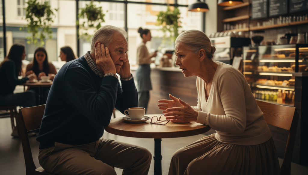 Seniors experiencing hearing loss symptoms during a conversation