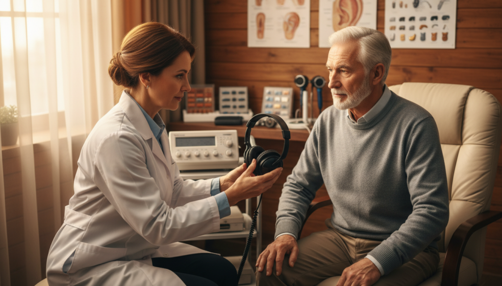 audiologist performing hearing tests for a senior