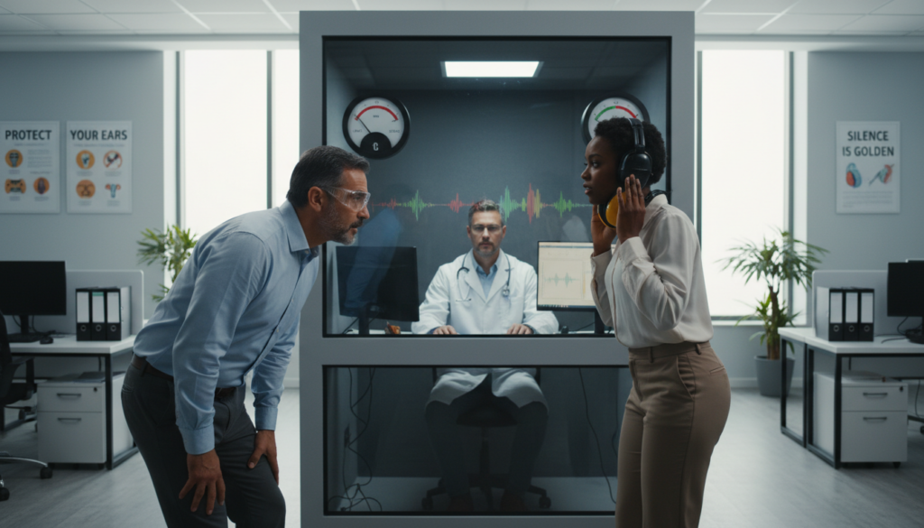 workers undergoing hearing safety assessments